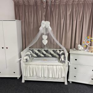 Lenjerie pătuț 11 piese cu laterale împletite Catifea Grey – Set complet personalizabil din catifea moale și bumbac natural PeppiBambini