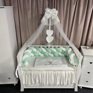 Lenjerie pătuț 11 piese cu laterale împletite Catifea Mint – Set complet personalizabil din catifea moale și bumbac natural PeppiBambini