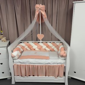 Lenjerie pătuț 11 piese catifea somon – model împletit PeppiBambini, premium,