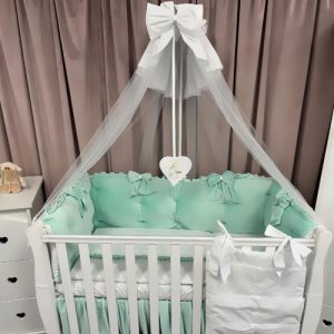Lenjerie de pătuț 11 piese Royal Catifea Mint – Set complet premium din catifea moale și bumbac natural, personalizabil cu nume – Peppi Bambini