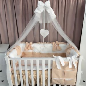 Lenjerie de pătuț 11 piese Royal White Beige – Set complet premium din bumbac și catifea moale, personalizabil cu nume – Peppi Bambini