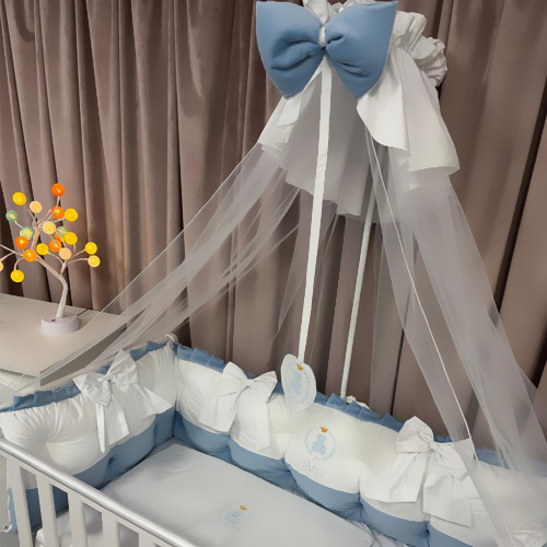 Lenjerie pătuț 11 piese Royal Catifea White Blue – Set complet premium din catifea moale și bumbac natural, personalizabil cu nume – Peppi Bambini - Image 6