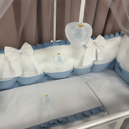 Lenjerie pătuț 11 piese Royal Catifea White Blue – Set complet premium din catifea moale și bumbac natural, personalizabil cu nume – Peppi Bambini - Image 7