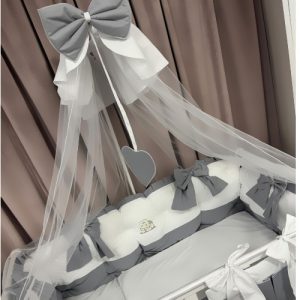 Lenjerie pătuț 11 piese Royal White Grey – Set complet premium din bumbac natural și catifea moale, personalizabil cu nume – Peppi Bambini