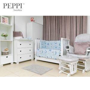 Lenjerie pătuț 5 piese Bird Blue PeppiBambini – rafinament, siguranță și confort pentru micuțul tău