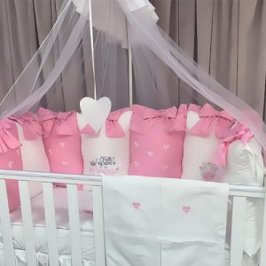 Lenjerie Pătuț 11 Piese PeppiBambini Royal Princess Pink – Set complet din bumbac natural pentru bebeluși, cu design elegant și confort moale
