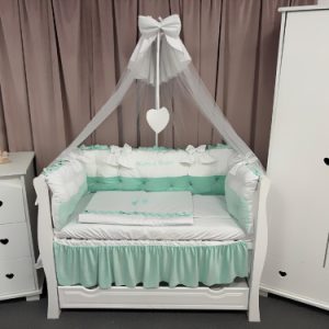 Lenjerie pătuț 11 piese Royal Catifea Mint – Set complet personalizabil din catifea moale și bumbac premium PeppiBambini