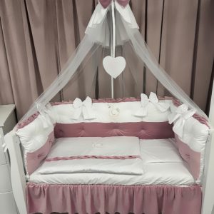 Lenjerie pătuț 11 piese Royal Catifea White Pink – Set complet personalizabil din bumbac 100% și catifea moale PeppiBambini