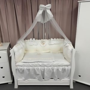 Lenjerie pătuț 11 piese Royal White – Set complet personalizabil din bumbac premium și catifea moale PeppiBambini