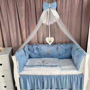 Lenjerie pătuț 11 piese Royal Catifea Blue – Set complet personalizabil din bumbac și catifea moale premium PeppiBambini