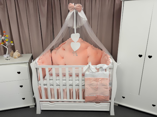 Set complet 11 piese pentru pătuț – model Regal din catifea somon, personalizabil cu nume – Peppi Bambini Deluxe Collection