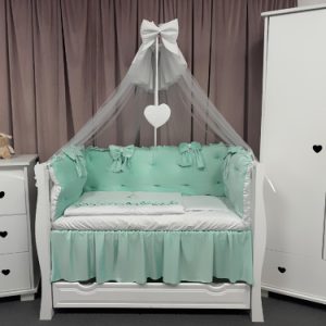 Set complet 11 piese pentru pătuț – model Royal Catifea Mint din catifea verde mentă, personalizabil cu nume – Peppi Bambini Premium Collection