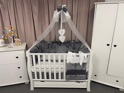 Set complet 11 piese pentru pătuț – model Royal din catifea gri, personalizabil cu nume – Peppi Bambini Premium Edition - Image 5