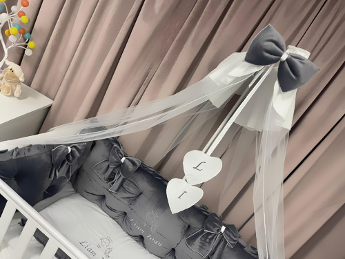 Set complet 11 piese pentru pătuț – model Royal din catifea gri, personalizabil cu nume – Peppi Bambini Premium Edition - Image 4