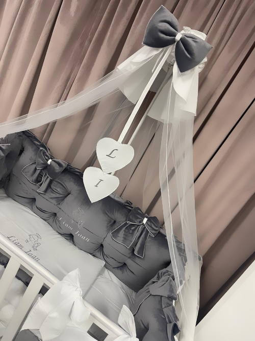 Set complet 11 piese pentru pătuț – model Royal din catifea gri, personalizabil cu nume – Peppi Bambini Premium Edition - Image 3
