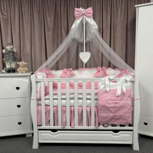 Set complet 11 piese – Royal White Pink din bumbac moale și catifea fină, personalizabil cu nume – Lenjerie premium Peppi Bambini