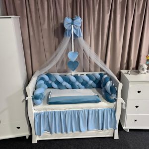 Lenjerie de pat 11 piese cu laterale împletite din catifea albastră – Set complet premium personalizabil PeppiBambini