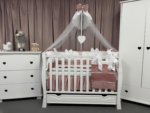 Set complet 11 piese pentru pătuț – model Royal White Pink din catifea alb-roz, personalizabil – Peppi Bambini Premium